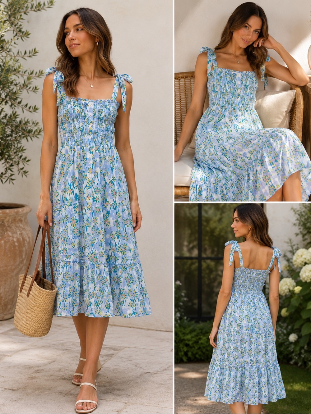 Poupette St. Barth Light Blue Floral Tie-Shoulder Midi Dress